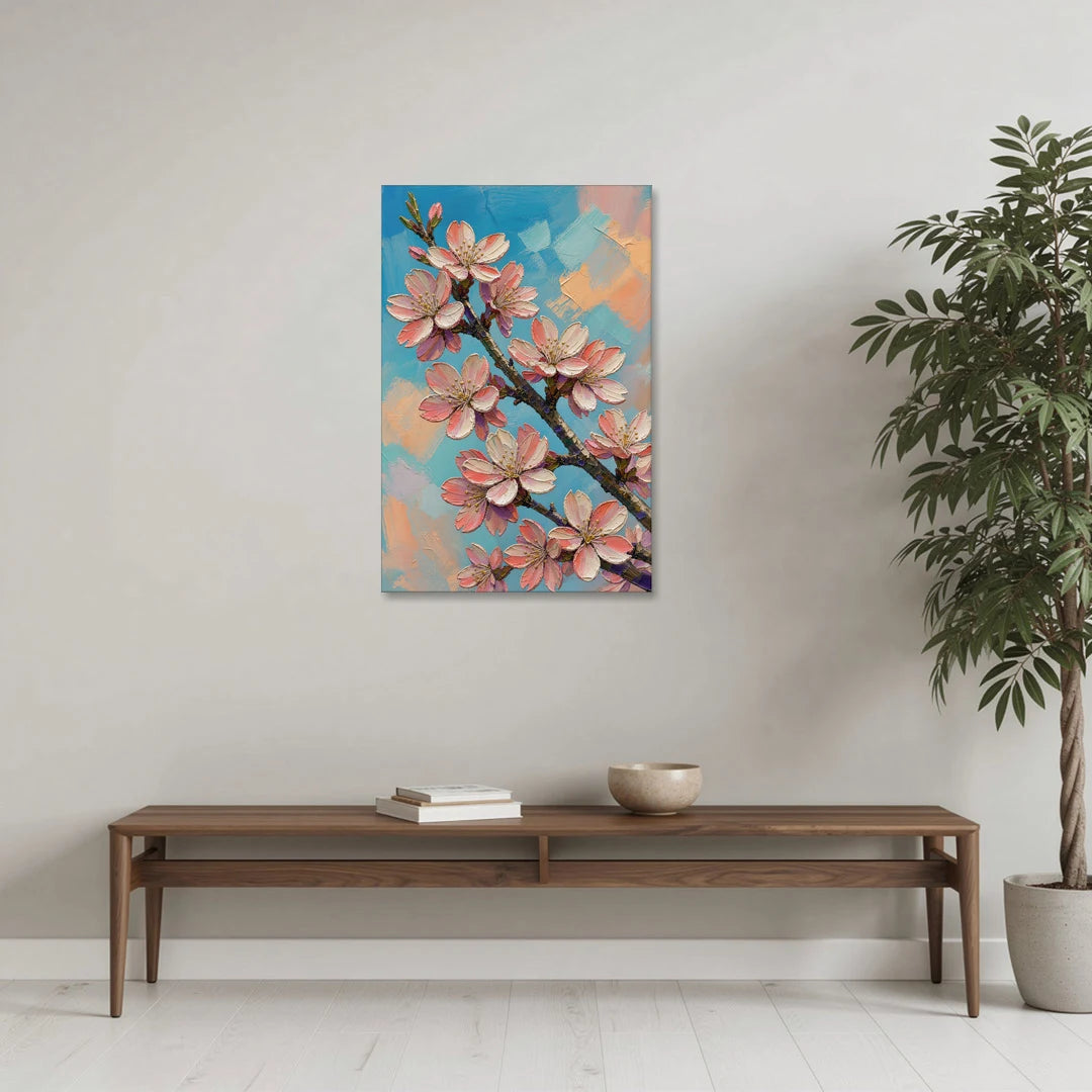 Cherry Blossom Branch Painting Against Turquoise Sky - Canvas Wall Art - Coffee Table - 24x36
