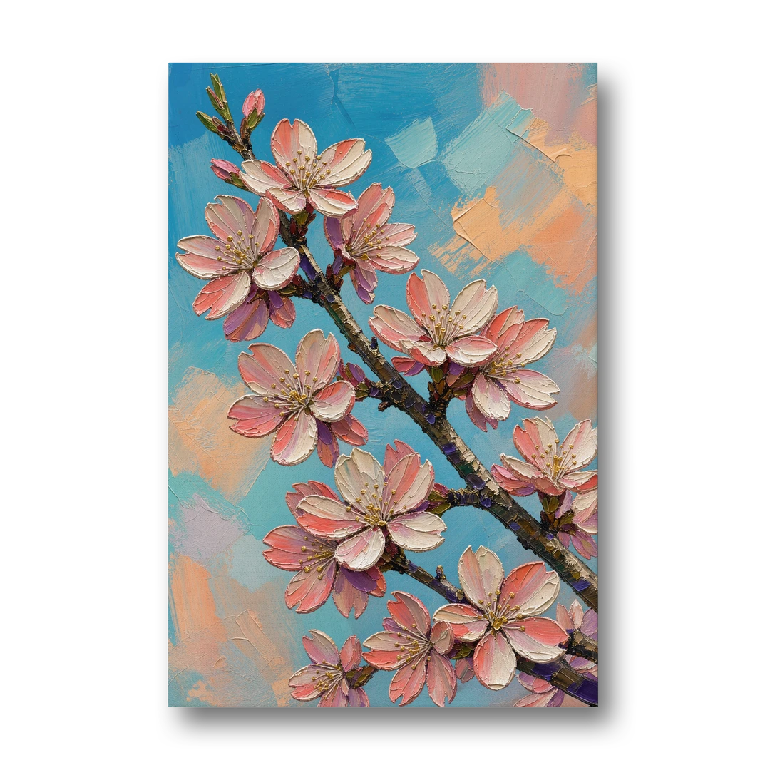 Cherry Blossom Branch Painting Against Turquoise Sky - Canvas Wall Art - Front