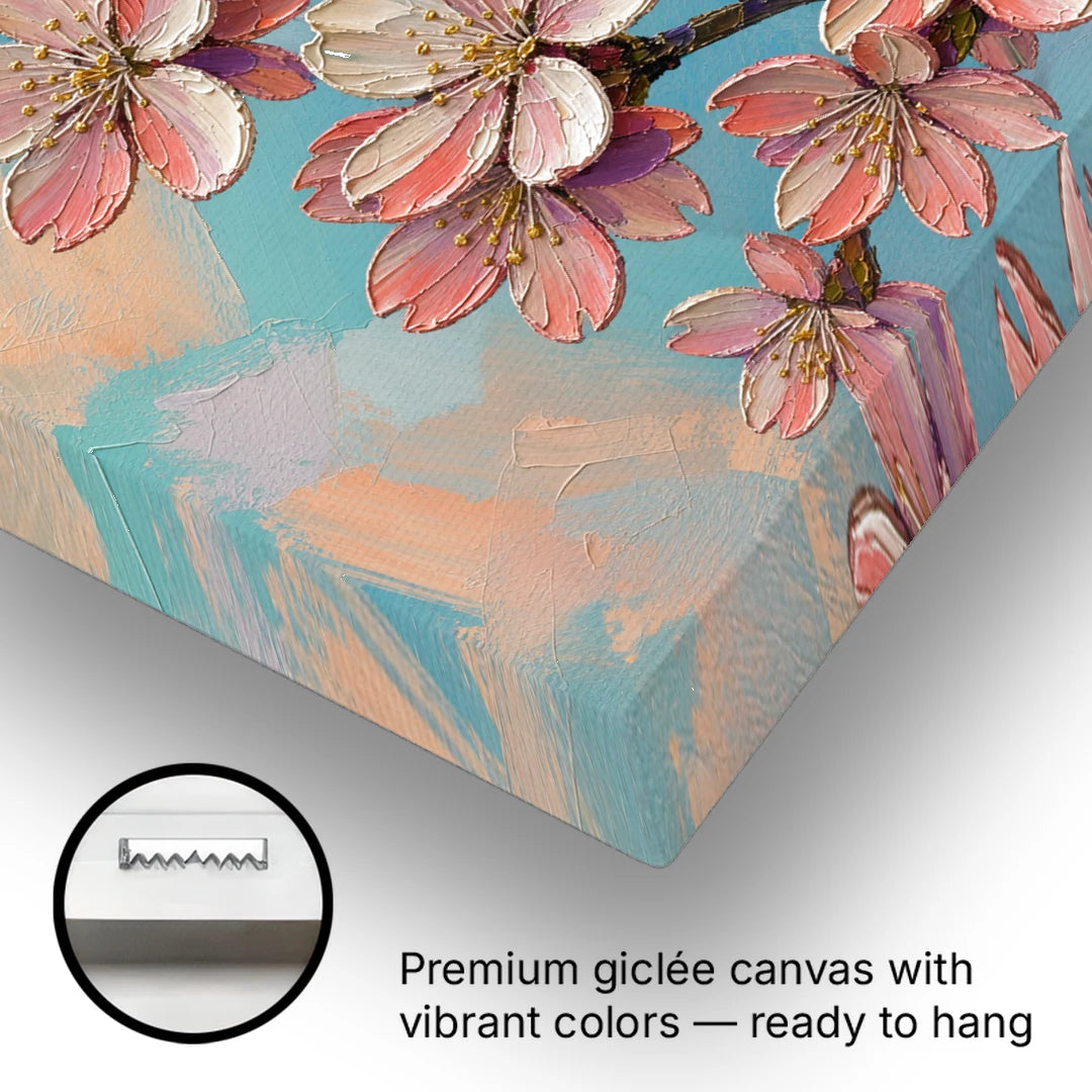 Cherry Blossom Branch Painting Against Turquoise Sky - Canvas Wall Art - Gallery Wrap Corner