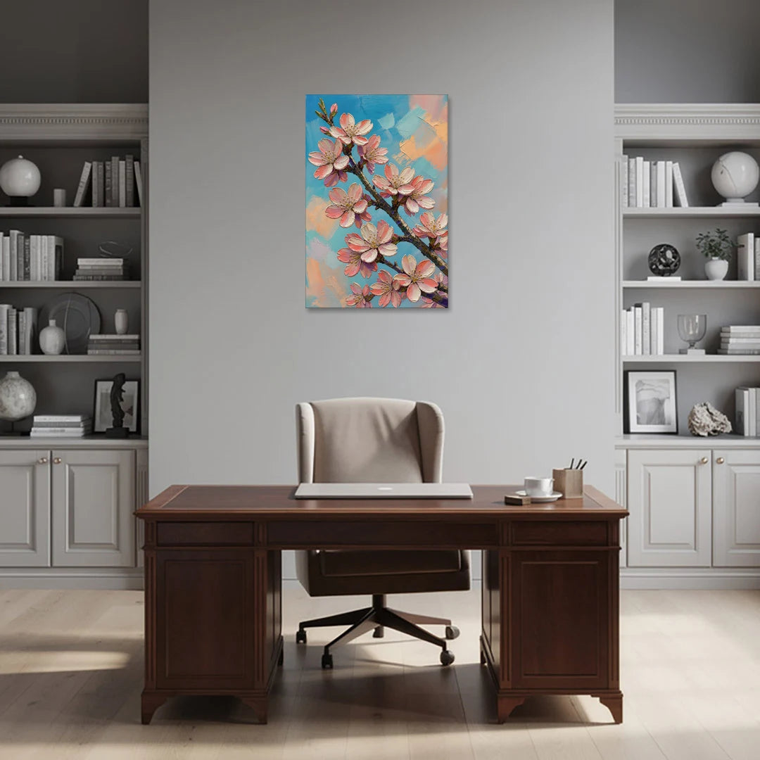 Cherry Blossom Branch Painting Against Turquoise Sky - Canvas Wall Art - Office - 24x36