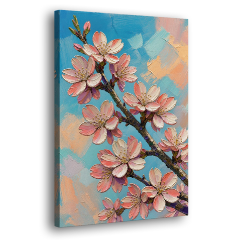 Cherry Blossom Branch Painting Against Turquoise Sky - Canvas Wall Art