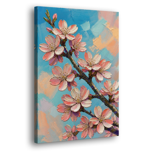 Cherry Blossom Branch Painting Against Turquoise Sky - Canvas Wall Art - Side
