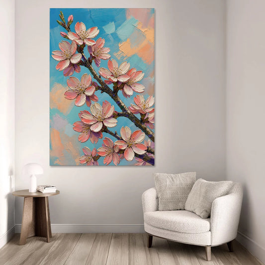 Cherry Blossom Branch Painting Against Turquoise Sky - Canvas Wall Art - Sofa - 40x60