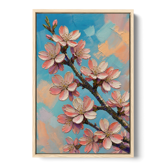Cherry Blossom Branch Painting Against Turquoise Sky - Oak Framed Canvas Wall Art - Front