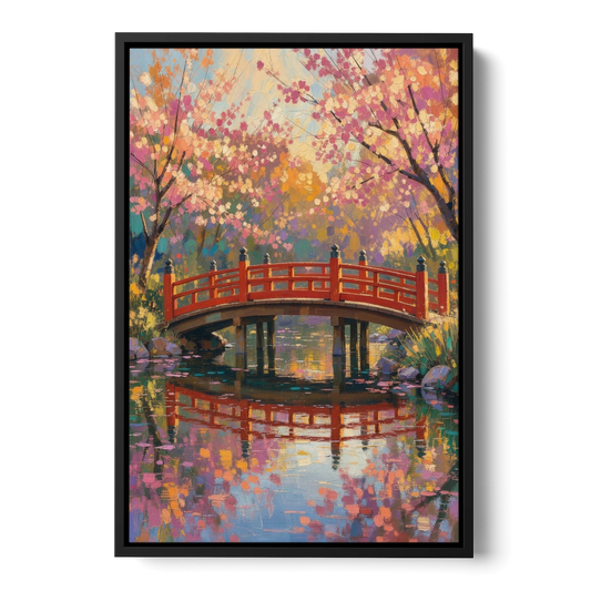 Cherry Blossom Bridge Painting - Black Framed Canvas Wall Art - Front