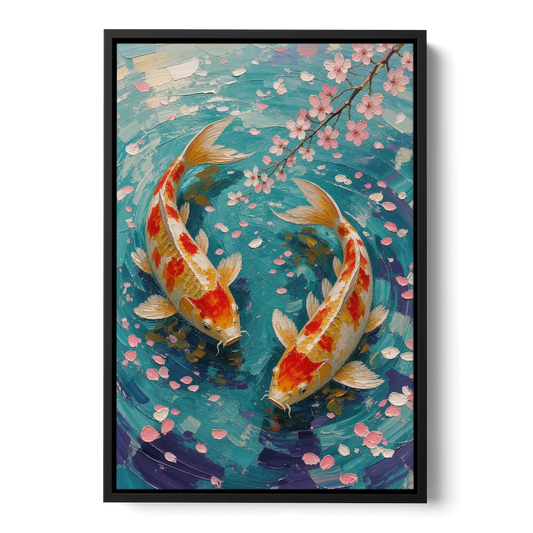 Cherry Blossom Koi Pond - Black Framed Canvas Wall Art - Front