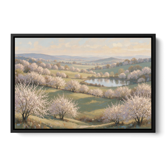 Cherry Blossom Landscape Painting with Valley Lake - Black Framed Canvas Wall Art - Front