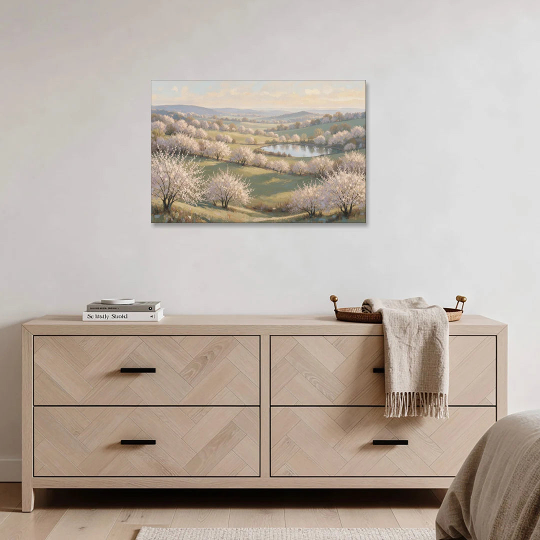Cherry Blossom Landscape Painting with Valley Lake - Canvas Wall Art - Coffee Table - 36x24
