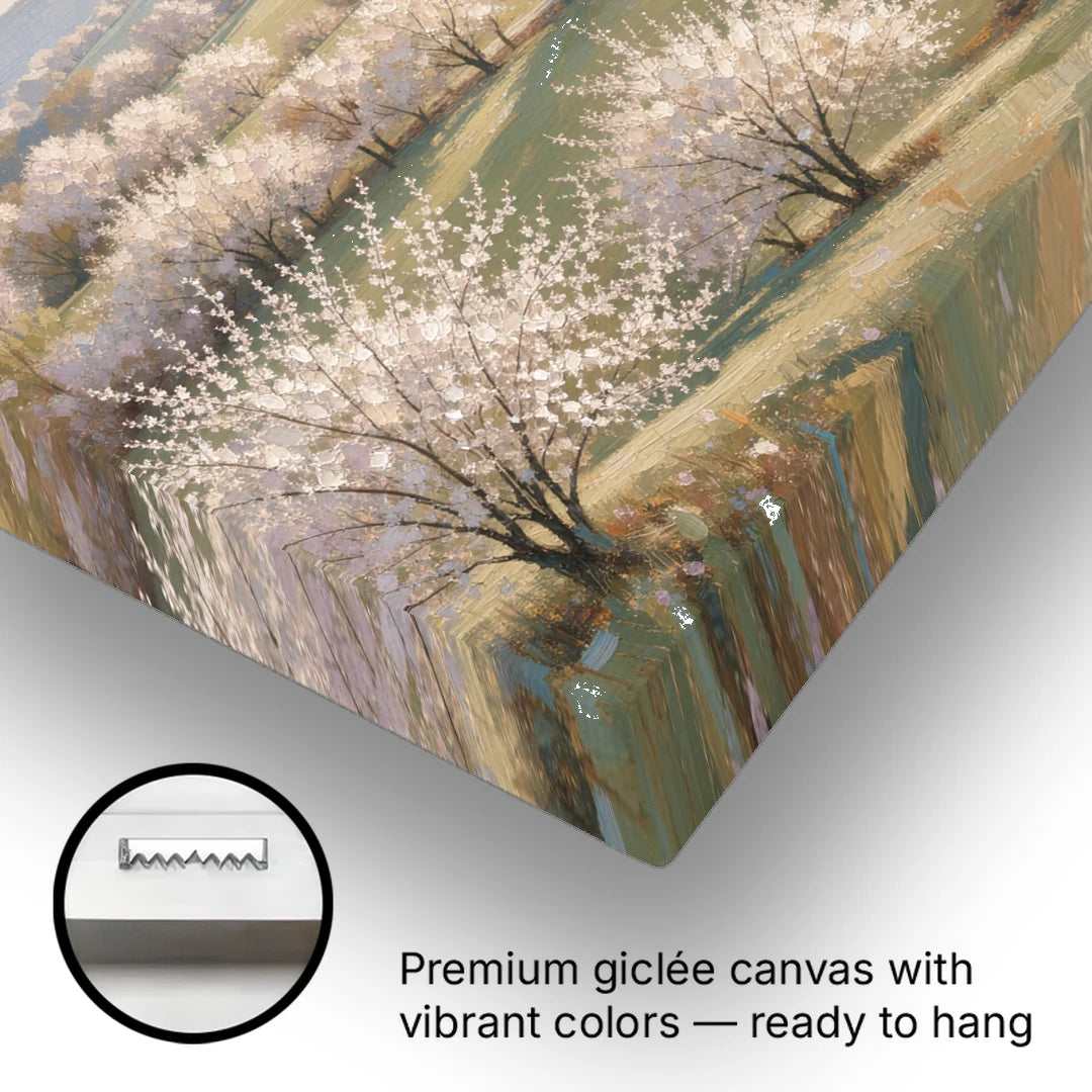 Cherry Blossom Landscape Painting with Valley Lake - Canvas Wall Art - Gallery Wrap Corner