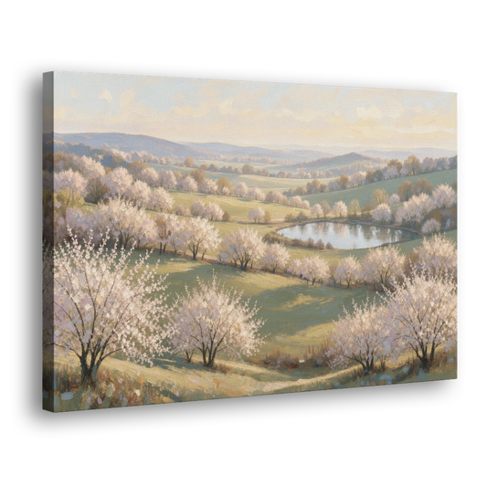 Cherry Blossom Landscape Painting with Valley Lake - Canvas Wall Art - Side