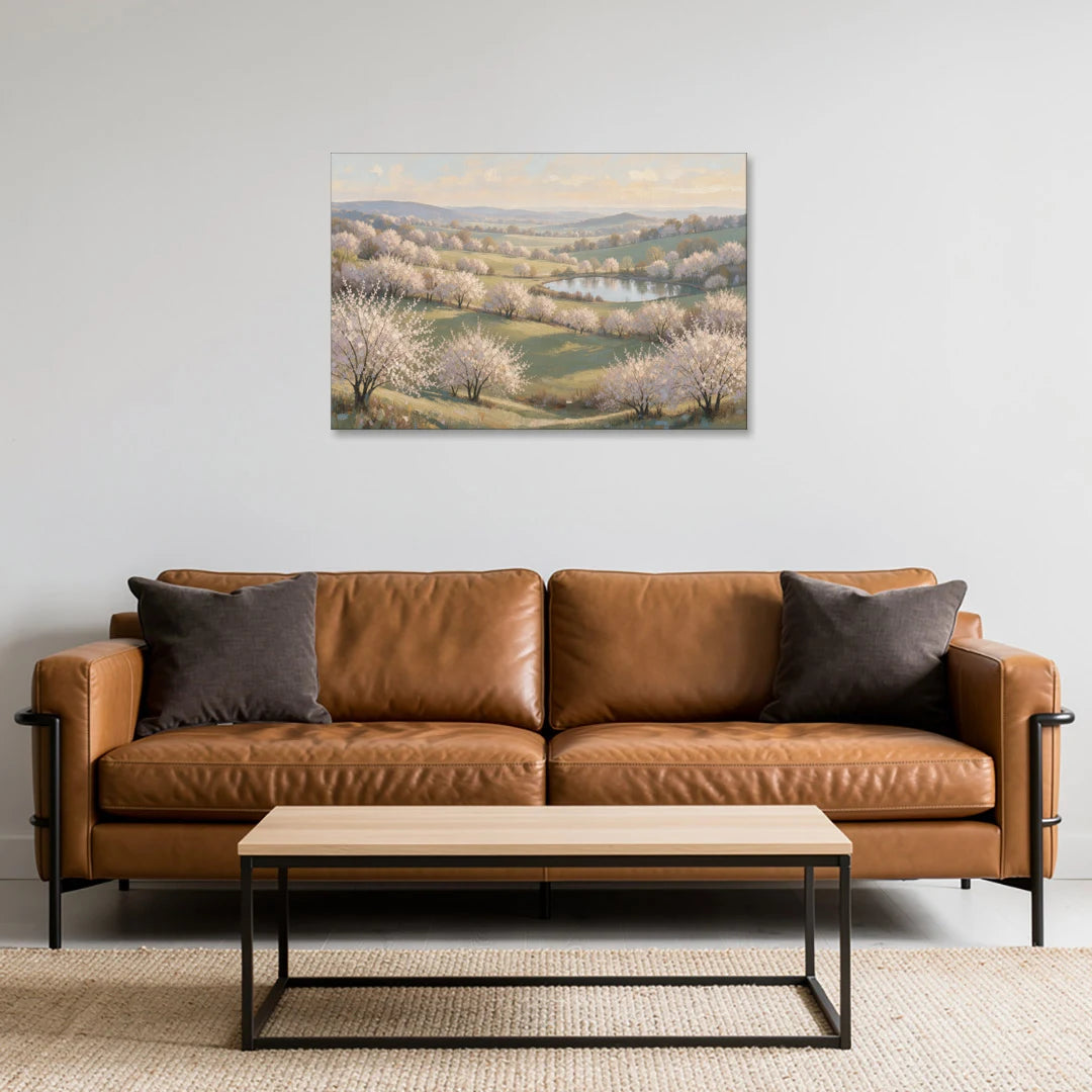 Cherry Blossom Landscape Painting with Valley Lake - Canvas Wall Art - Sofa - 36x24