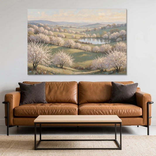 Cherry Blossom Landscape Painting with Valley Lake - Canvas Wall Art - Sofa - 60x40