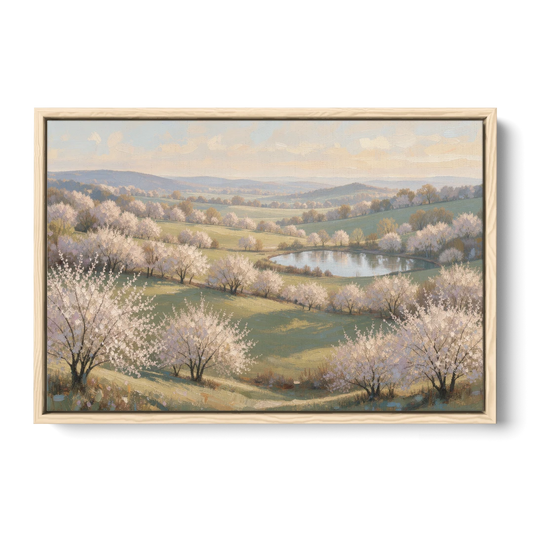 Cherry Blossom Landscape Painting with Valley Lake - Oak Framed Canvas Wall Art - Front