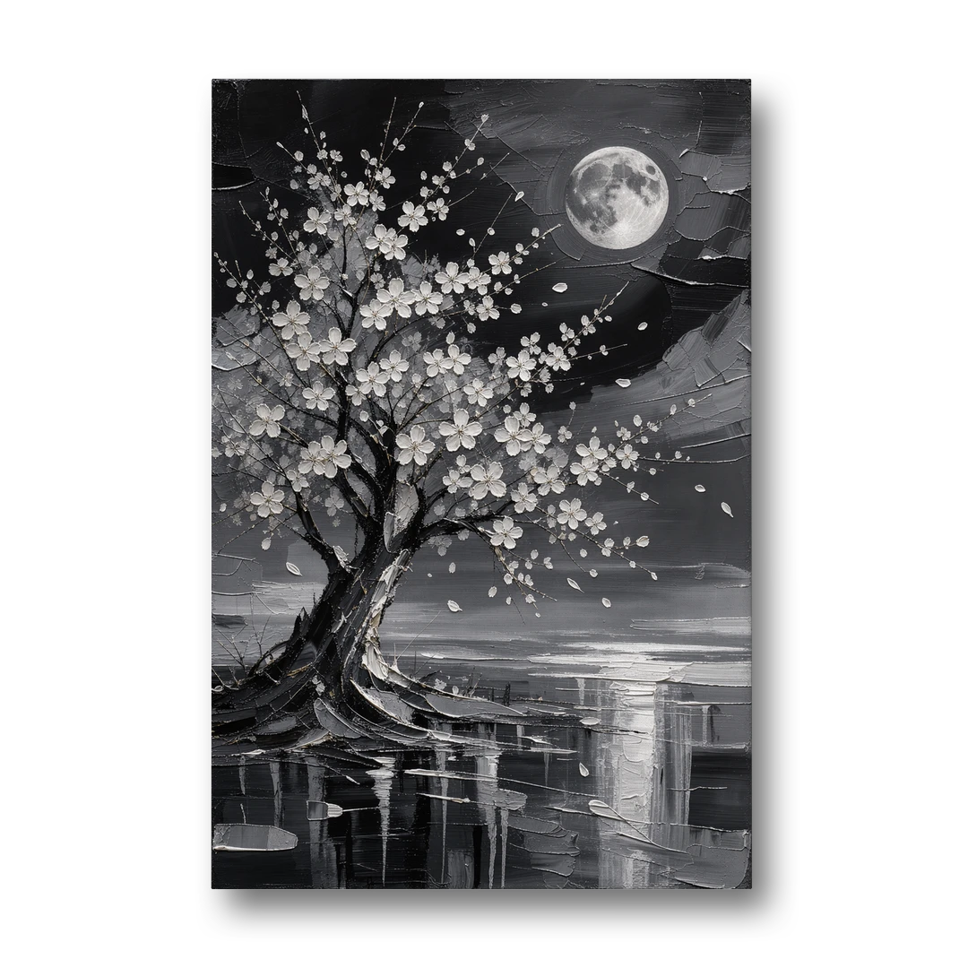 Cherry Blossom Night Painting Under Full Moon - Canvas Wall Art - Front