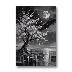 Cherry Blossom Night Painting Under Full Moon - Canvas Wall Art - Front