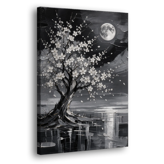Cherry Blossom Night Painting Under Full Moon - Canvas Wall Art - Side