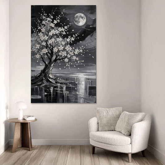 Cherry Blossom Night Painting Under Full Moon - Canvas Wall Art - Sofa - 40x60