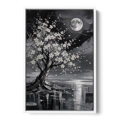 Cherry Blossom Night Painting Under Full Moon - White Framed Canvas Wall Art - Front