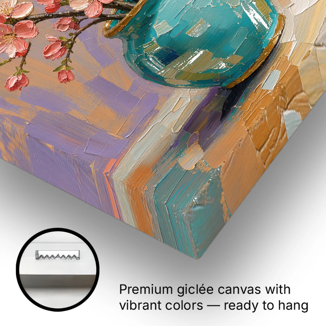 Cherry Blossom Oil Painting in a Turquoise Vase - Canvas Wall Art - Gallery Wrap Corner