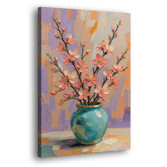 Cherry Blossom Oil Painting in a Turquoise Vase - Canvas Wall Art - Side