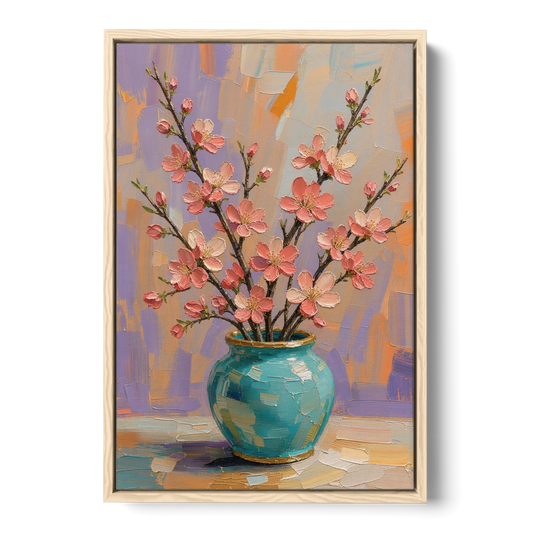 Cherry Blossom Oil Painting in a Turquoise Vase - Oak Framed Canvas Wall Art - Front