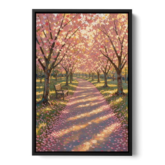 Cherry Blossom Path Painting in Late Sun - Black Framed Canvas Wall Art - Front