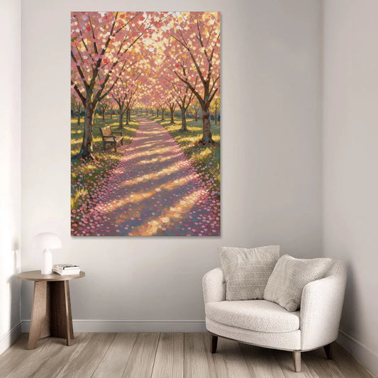 Cherry Blossom Path Painting in Late Sun - Canvas Wall Art - Sofa - 40x60