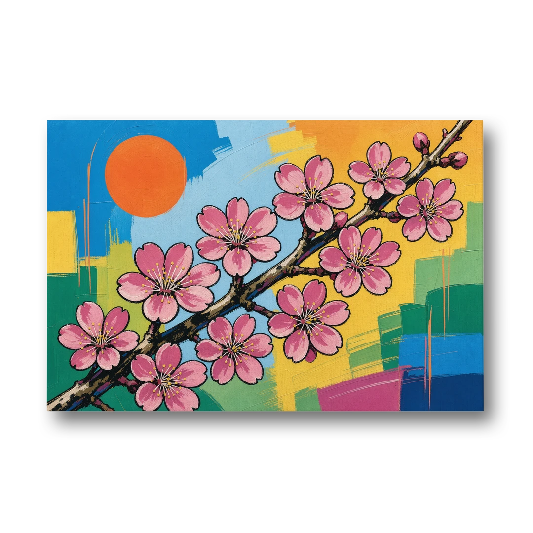 Cherry Blossom Pop Art Branch with Orange Sun - Canvas Wall Art - Front