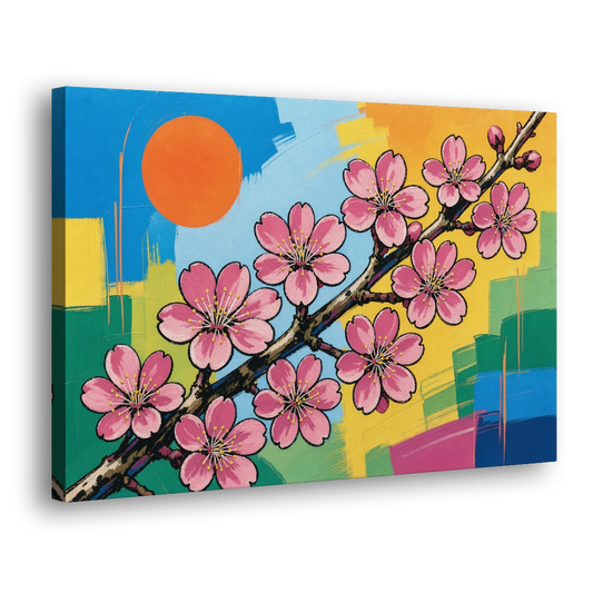 Cherry Blossom Pop Art Branch with Orange Sun - Canvas Wall Art - Side