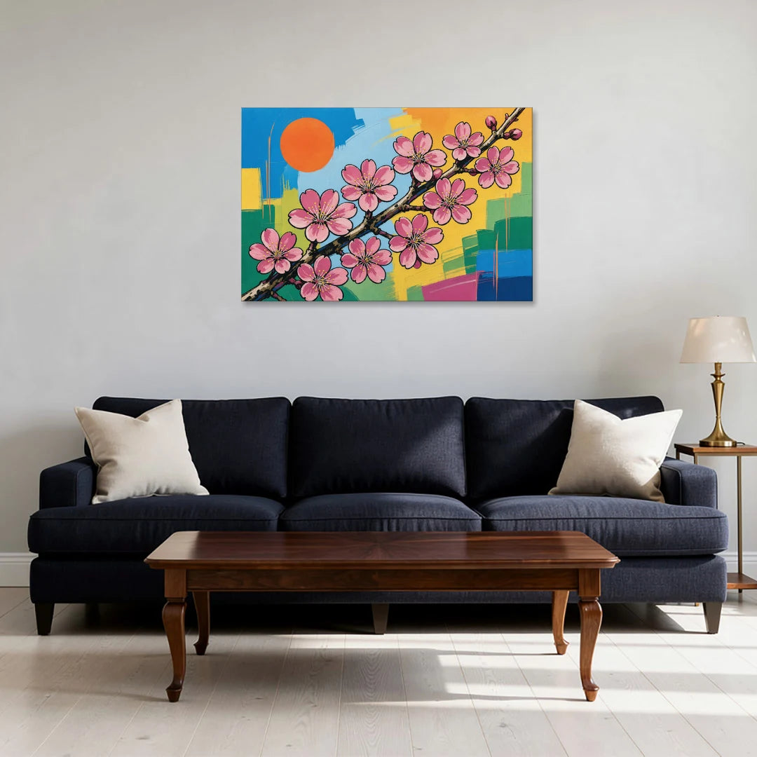 Cherry Blossom Pop Art Branch with Orange Sun - Canvas Wall Art - Sofa - 36x24