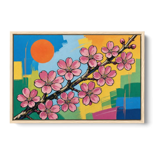 Cherry Blossom Pop Art Branch with Orange Sun - Oak Framed Canvas Wall Art - Front