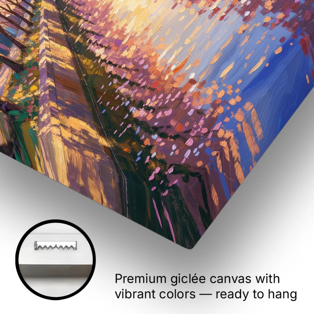 Cherry Blossom River Painting at Sunset - Canvas Wall Art - Gallery Wrap Corner