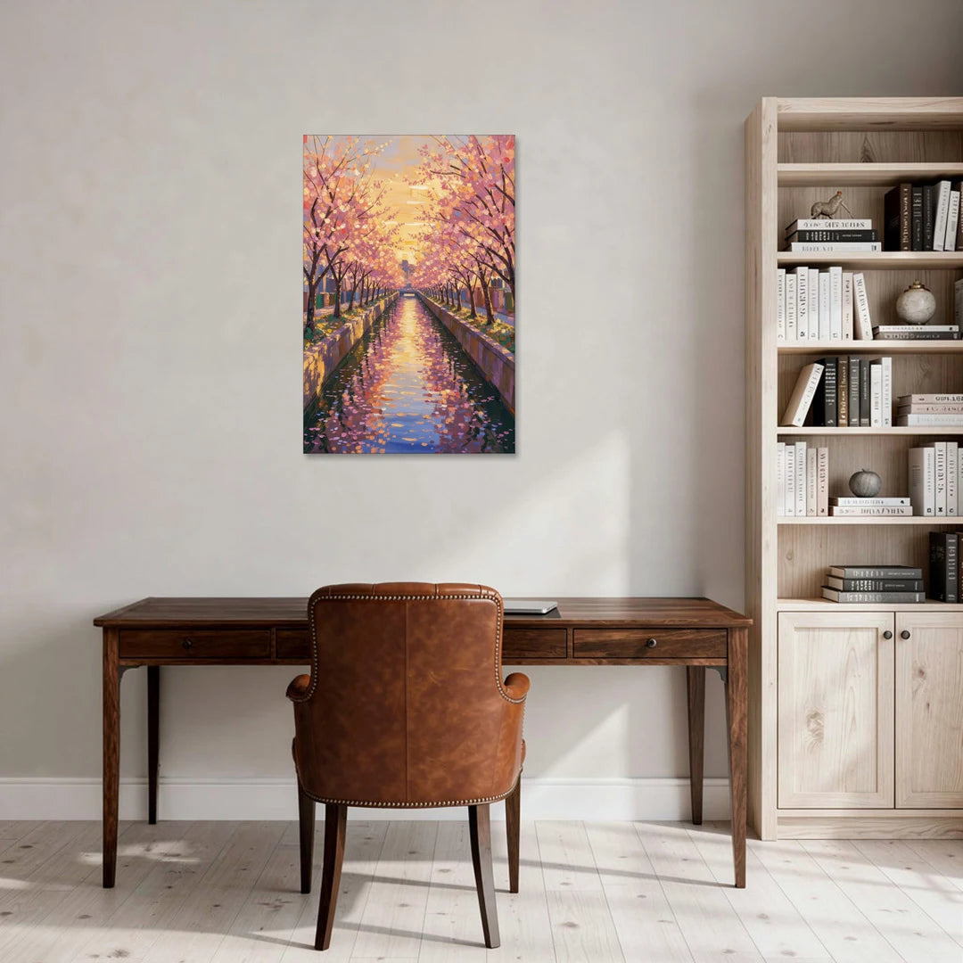 Cherry Blossom River Painting at Sunset - Canvas Wall Art - Office - 24x36