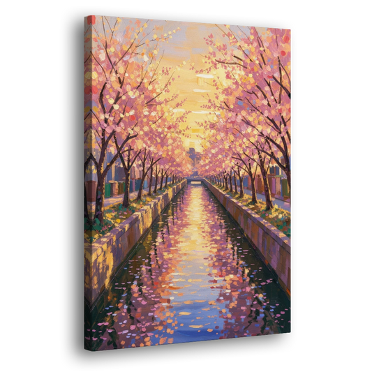Cherry Blossom River Painting at Sunset - Canvas Wall Art - Side