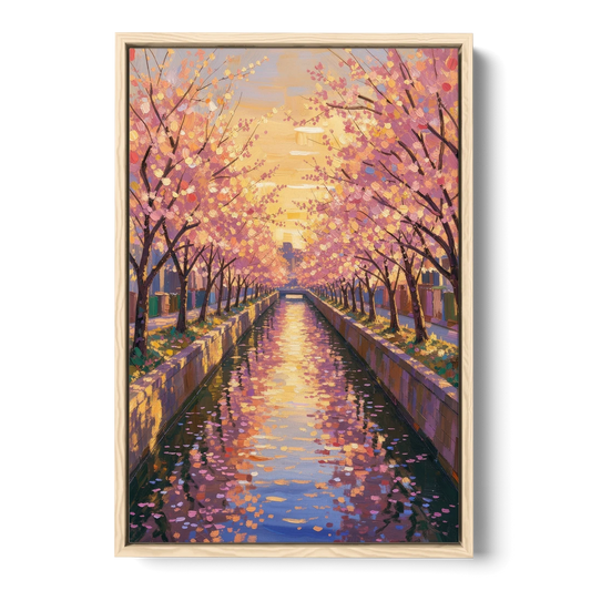 Cherry Blossom River Painting at Sunset - Oak Framed Canvas Wall Art - Front