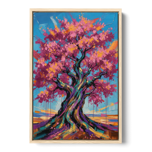 Cherry Blossom Tree Canvas with Twisted Trunk - Oak Framed Canvas Wall Art - Front