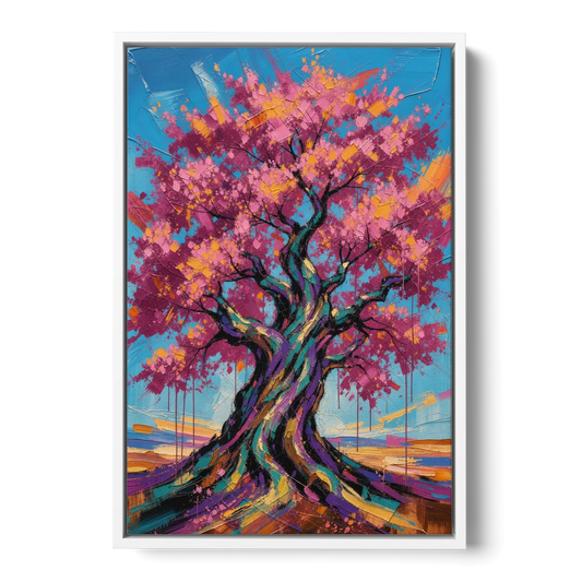 Cherry Blossom Tree Canvas with Twisted Trunk - White Framed Canvas Wall Art - Front