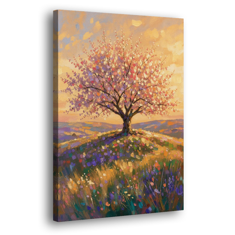 Cherry Blossom Tree Painting on a Golden Hilltop - Canvas Wall Art