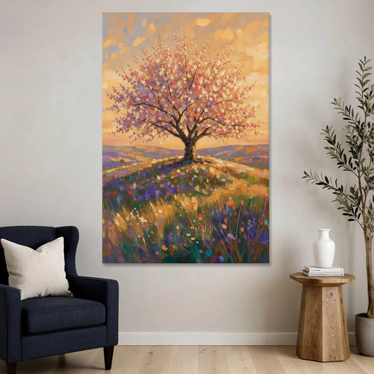 Cherry Blossom Tree Painting on a Golden Hilltop - Canvas Wall Art - Sofa - 40x60