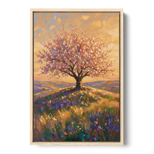 Cherry Blossom Tree Painting on a Golden Hilltop - Oak Framed Canvas Wall Art - Front