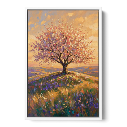 Cherry Blossom Tree Painting on a Golden Hilltop - White Framed Canvas Wall Art - Front