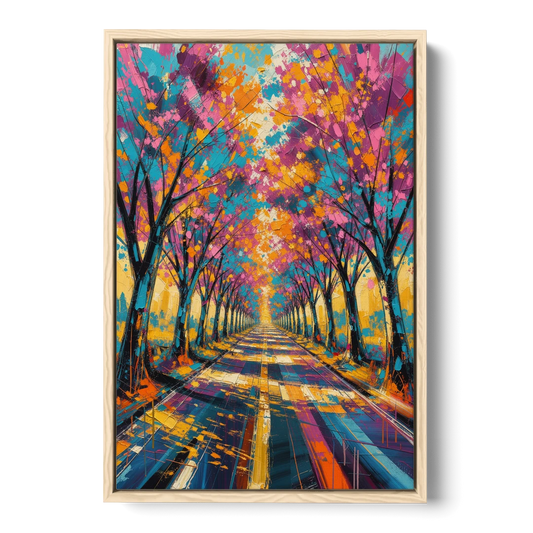 Cherry Blossom Tree Tunnel in Expressive Style - Oak Framed Canvas Wall Art - Front