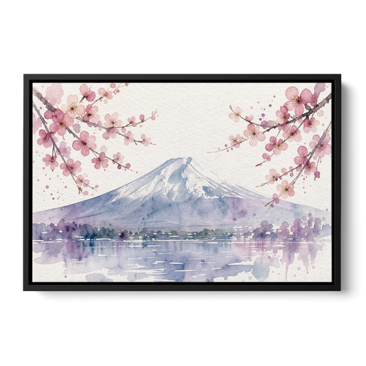 Cherry Blossom Watercolor Painting of Mount Fuji - Black Framed Canvas Wall Art - Front