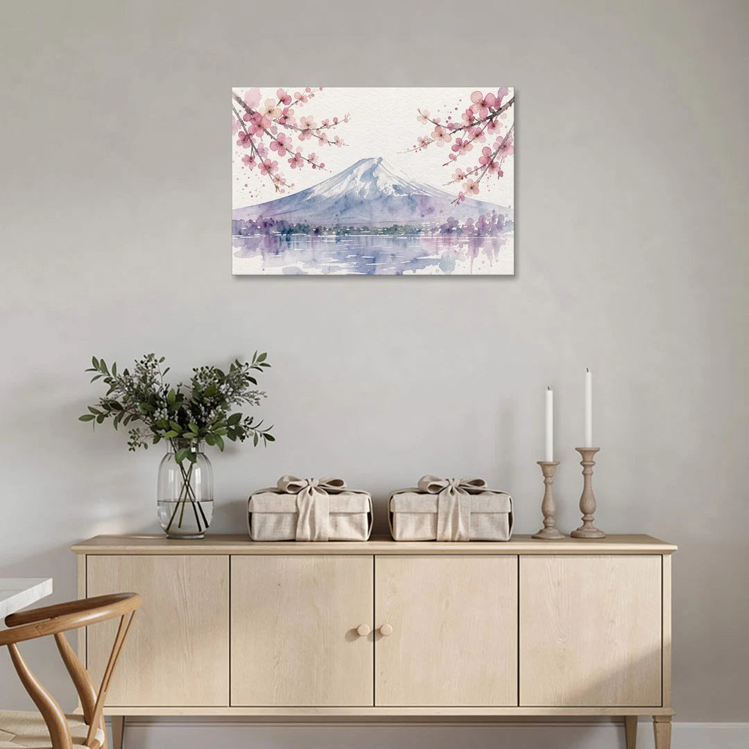 Cherry Blossom Watercolor Painting of Mount Fuji - Canvas Wall Art - Coffee Table - 36x24
