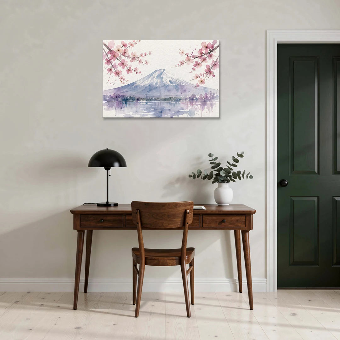 Cherry Blossom Watercolor Painting of Mount Fuji - Canvas Wall Art - Office - 36x24