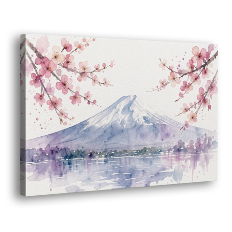 Cherry Blossom Watercolor Painting of Mount Fuji - Canvas Wall Art