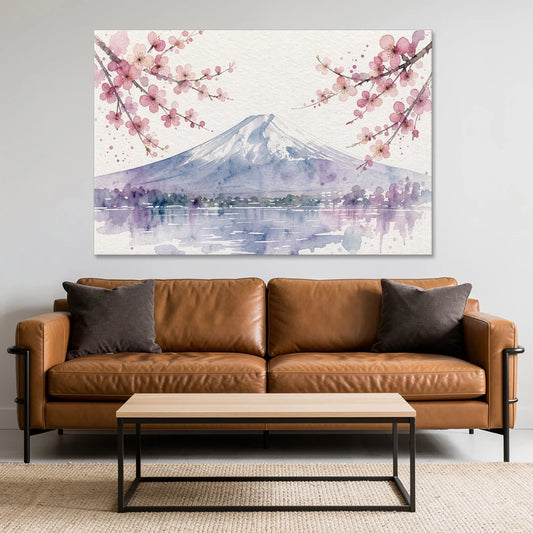Cherry Blossom Watercolor Painting of Mount Fuji - Canvas Wall Art - Sofa - 60x40
