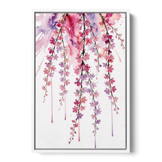 Cherry Blossom Watercolor of Weeping Strands - White Framed Canvas Wall Art - Front
