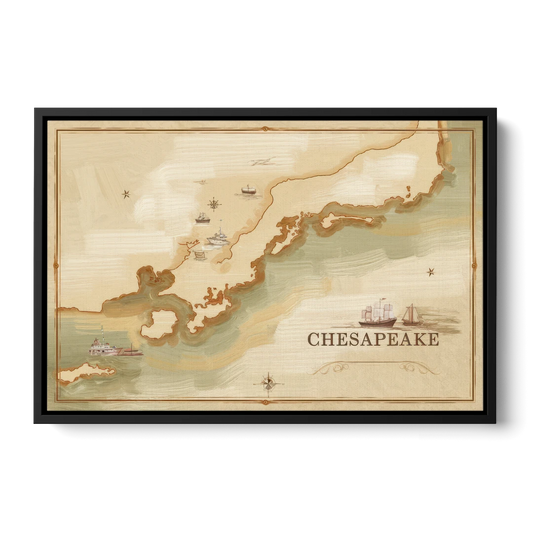 Chesapeake Bay Map Elegance - Black Framed Canvas Wall Art - Front