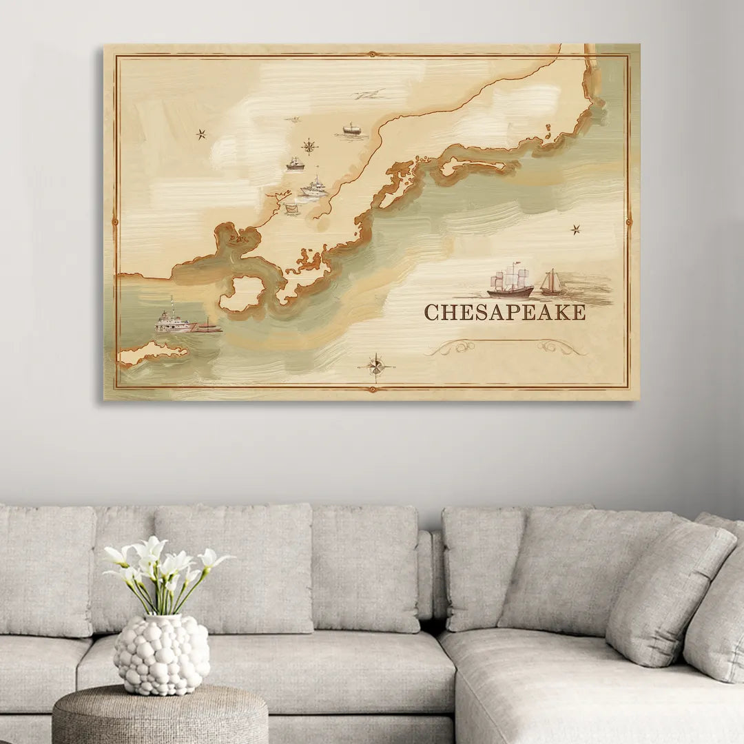 Chesapeake Bay Map Elegance Living Room - Canvas Wall Art